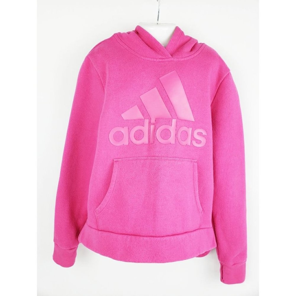 ADIDAS Girls Hot Pink Hoodie Front Pocket Thumb Holes Logo Sweatshirt 10-12